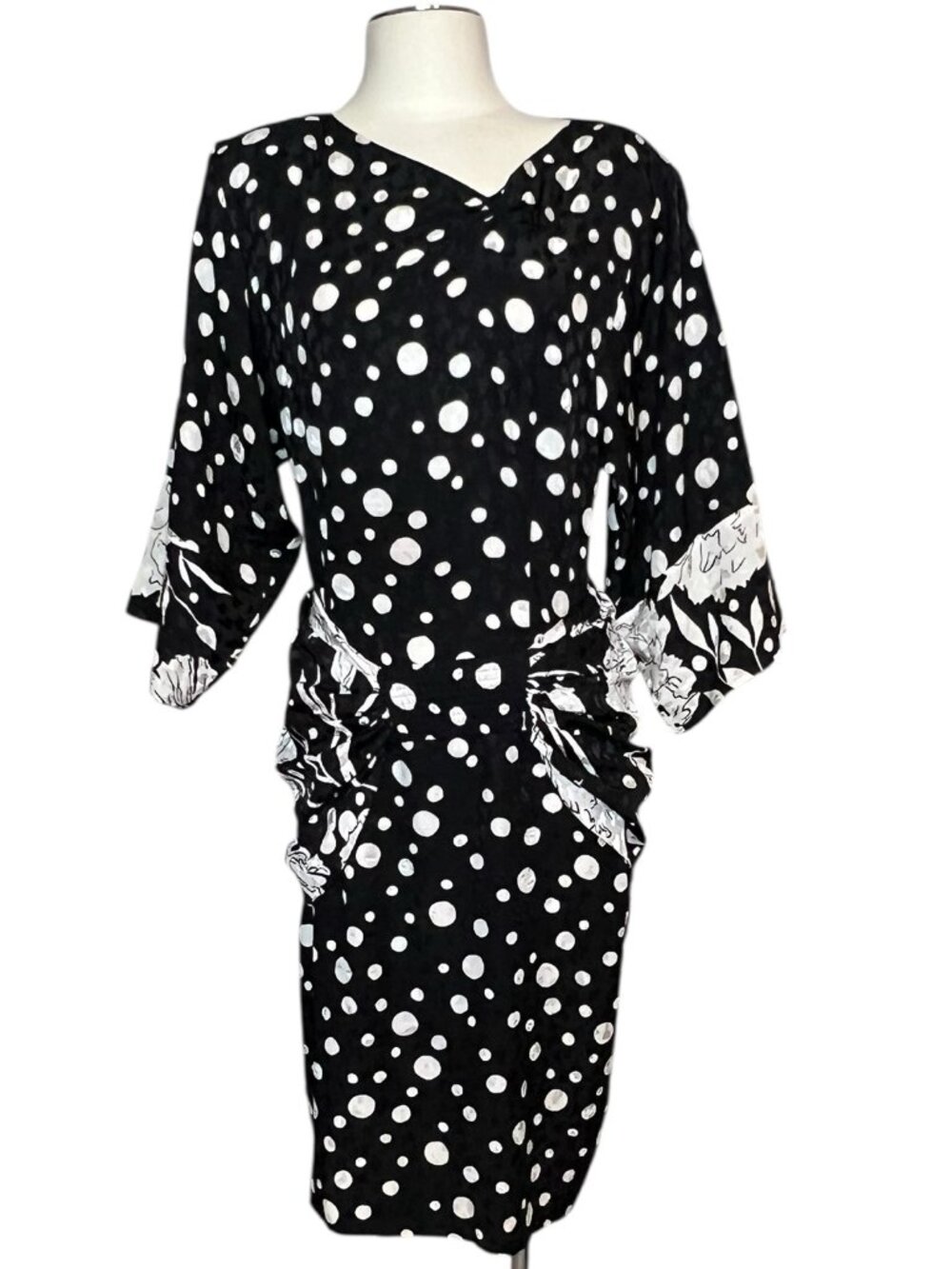 Flora Kung rare vintage 100% silk polka dot and floral print dress size M/ 12